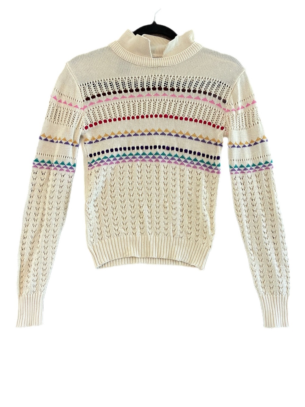 Vintage 80s Pointelle Knit Twee Sweater Rainbow Fair Isle Stripes Preppy Small